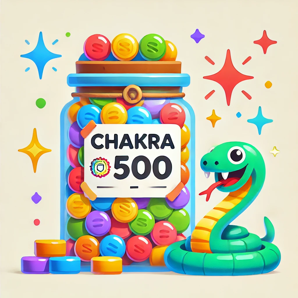 A playful 2D illustration depicting a glass jar labeled "Chakra," filled with colorful candies. A cheerful handwritten note next to the jar reads "chakra = 500." The scene includes sparkles around the jar, adding a lively touch, and a tiny smiling Python snake near the note to emphasize the programming context. The design uses flat, vibrant colors for an engaging and minimalistic educational vibe.